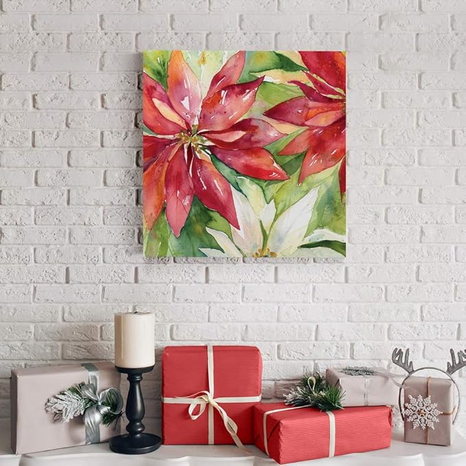Renditions Gallery Poinsettia Leaves Wall Art, Christmas & Winter Artwork, Festive Red & Green, Flowers, Floral, Premium Gallery Wrapped Canvas Decor, Ready to Hang, 16 in H x 16 in W, Made in America