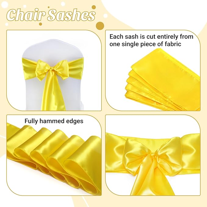 VDS Satin Chair Sashes Chair Cover Back Tie Sateen Bows Ribbon for Wedding Birthday Graduation Engagement Ceremony Event Party Banquet Venue Hotel All Dining Chair Decoration (40PC) (Yellow)