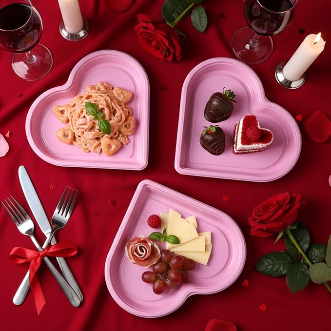 Macarrie 50 Pcs Valentine's Heart Shaped Serving Tray Platter 20 oz Plates with Clear Lids Dessert Plates Snack Tray for Valentine Birthday Party Table Decoration (Pink)