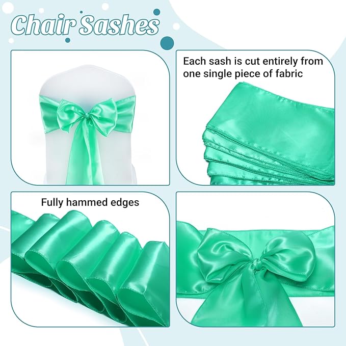 VDS Satin Chair Sashes Chair Cover Back Tie Sateen Bows Ribbon for Wedding Birthday Graduation Engagement Ceremony Event Party Banquet Venue Hotel All Dining Chair Decoration (300PC) (Mint)