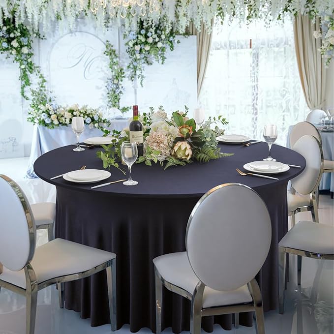 4 Pack Navy Blue Round Spandex Tablecloth 60 Inch, Wrinkle Free Stretch 120 Inch Fitted 5ft Navy Table Cloths Round Table Covers with Ruffle Skirt for Graduation Party Wedding Banquet