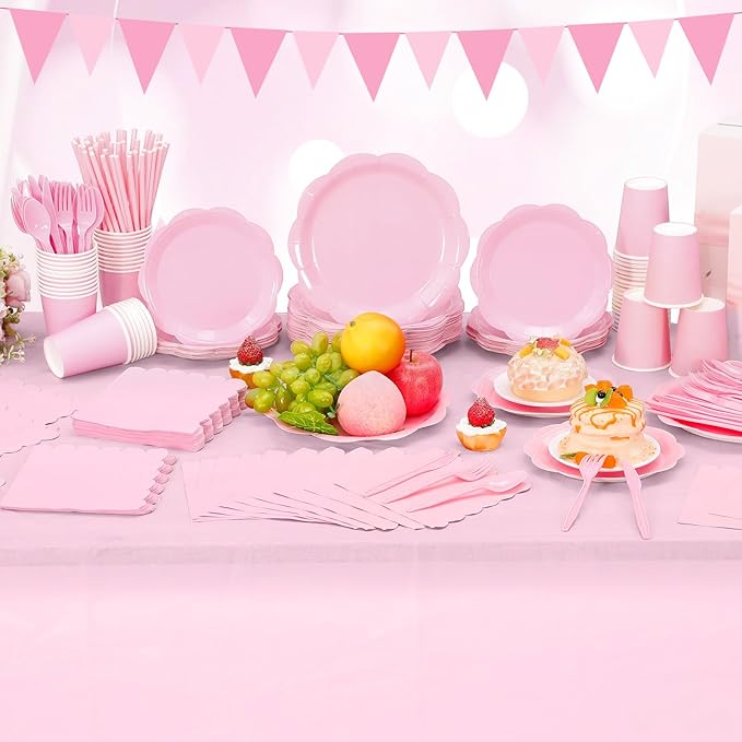 452 Pcs Pink Party Supplies for 50 Guests, Light Pink Scalloped Paper Plates Napkins Cups Plastic Tablecloth Cutlery Straws for Baby Bridal Shower, Birthday Wedding Party Decoration
