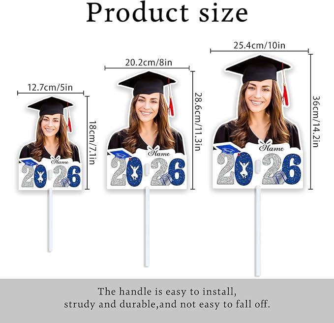 Personalized Graduation Face Fan 2026 Grade Custom Double Sided Face Cutout Fan with Handle Photo Booth Prop Party Supplies(B-Blue and Silver,12pcs)