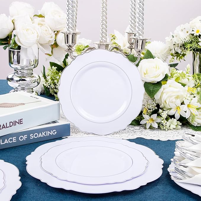 Liacere 175pcs Silver Plastic Plates - White and Silver Disposable - 25guest Baroque Plastic Dinnerware include 50Plates, 25Pack Pre Rolled Napkins with Silverware 25Cups for Christmas ＆ New Year