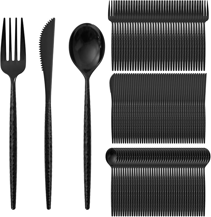 Supernal 360Pcs Black Plastic Silverware Heavy Duty Disposable Cutlery with Hammered Design,Black Utensils Set Include 120 Knives,120 Forks and 120 Spoons Suitable for Party,Anniversary&Halloween