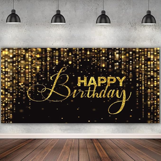 Happy Birthday Backdrop for Photography 15x8ft Luxury Black and Gold Birthday Party Backdrop Background Banner Bokeh Glitter Men Birthday Party Decorations Supplies Wallpaper Studio Props