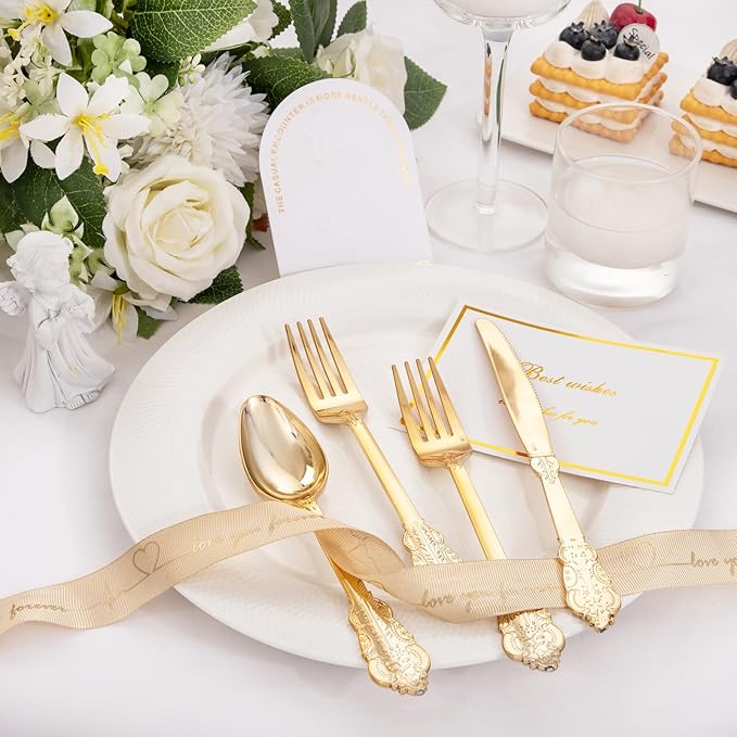 Supernal 360pcs Gold Plastic Silverware,Disposable Silvereware Heavy Duty, Gold Plastic Cutlery, 120 Plastic Forks and Spoons,Knives Perfect for Birthday, Wedding Halloween Thanksgiving Chirstmas
