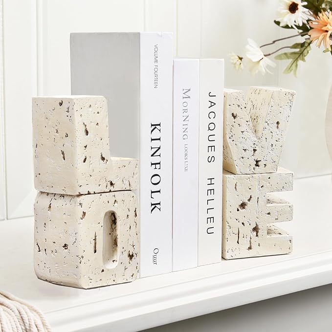 Book Ends Decorative with Love Design,Small Farmhouse Heavy Duty Bookends,Book Holders for Shelves, Book Stoppers for Home Desk Decoration, Unique Love Sculpture Bookend-Great Gift for Valentine's Day
