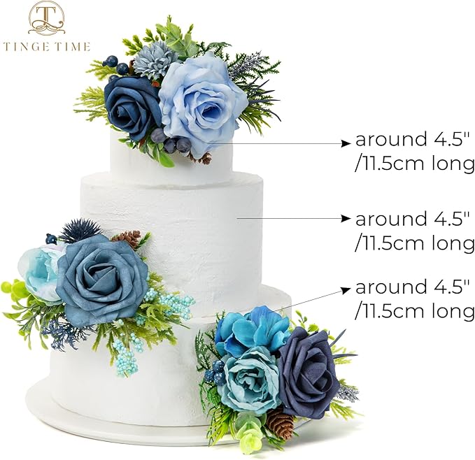 TINGE TIME 3Pcs Wedding Cake Topper Pre-made Set, Navy Blue Artificial Wedding Cake Flower for Reception & Anniversary, Silk Floral Wedding Toppers for Cake, Valentines Cake Topper Decorations