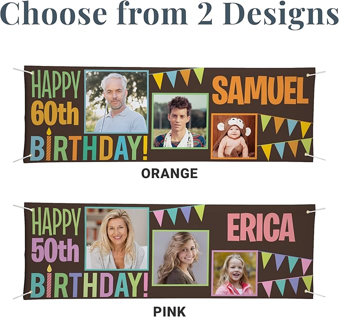 Let's Make Memories Personalized Happy Birthday Banner - Customized Celebration Banner - Party Decorations - Indoor/Outdoor Vinyl - Any Text and Photos - Then & Now - Orange - 8ft