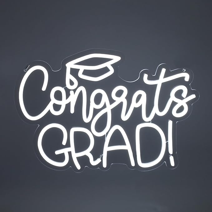 Congrats Grad Neon Sign - 11.3 * 16.7 Inch White Adjustable LED Graduation Decorations for Class of 2026 Party Room Dorm Backdrop Celebration Gifts Graduation Gift