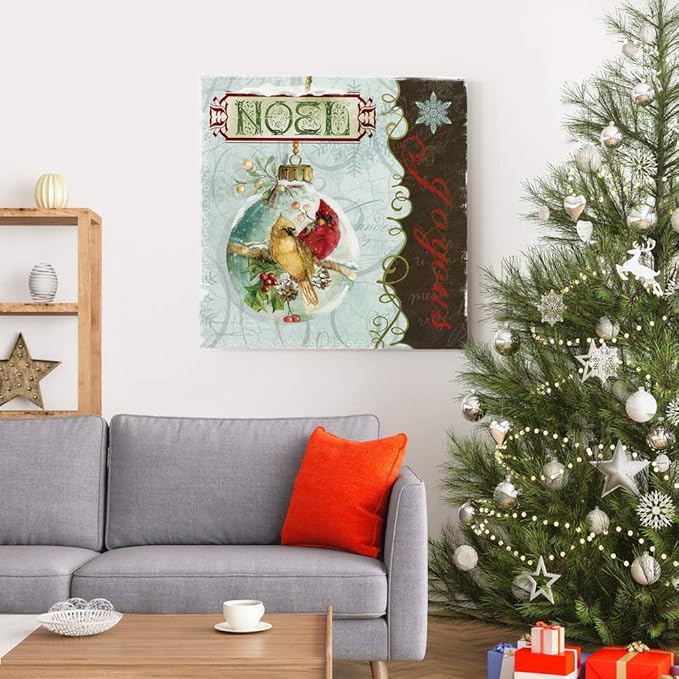 Renditions Gallery Joyous Noel Ornament Wall Art, Cute Winter Decor, Yellow & Red Cardinals, Festive Holly, Premium Gallery Wrapped Canvas, 24 in Hx24 in W, Made in America (WC15-91552-2424)