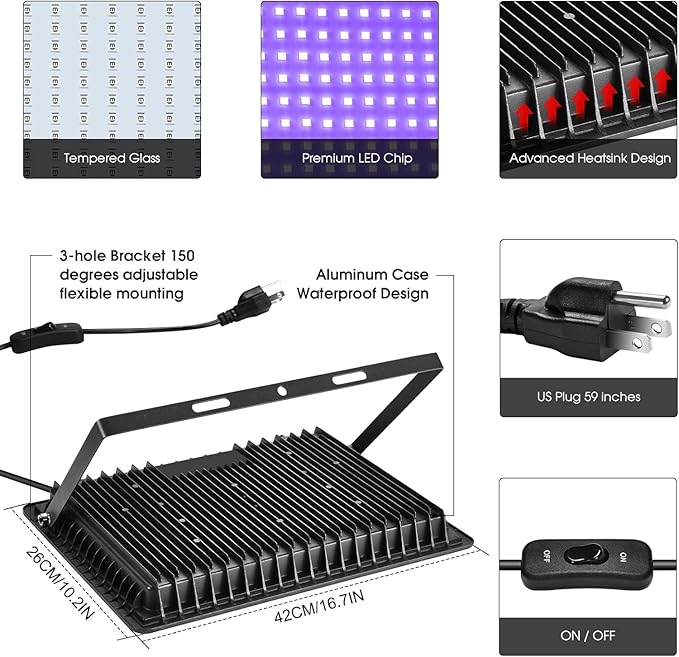 500W 4 Pack LED Black Light,Black Flood Light Outdoor with Plug and Switch, IP66 Waterproof 395nm to 405nm LED UV Blacklight Neon Glow for Glow Party, Halloween, Fluorescent Poster, Body Paint