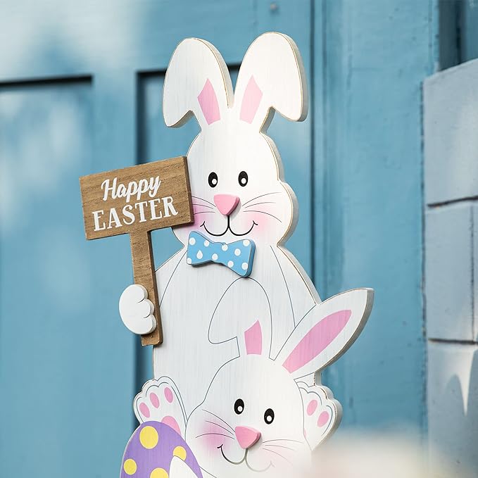 Glitzhome 30''H Easter Wooden Bunny Porch Decor, Standing Bunny Sign Decoration for Home or Yard