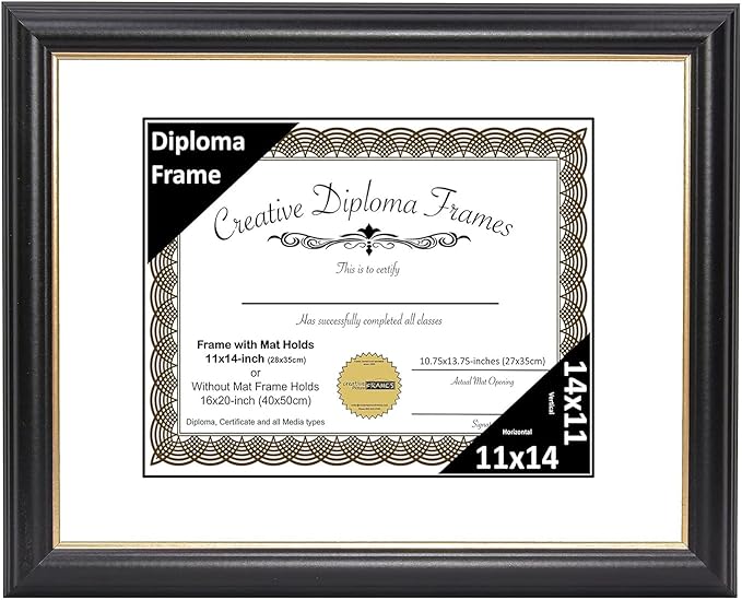 Creative Picture Frames 11" x 14" Rockefeller Black with Gold Rim Diploma Frame, Displays 11" x 14" Certificate or 16" x 20" Document without Mat, College Degree Frame, Full-Strength Glass, White Mat