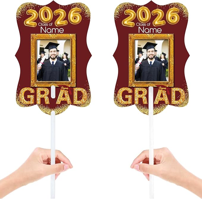 Personalized Graduation Double Sided Face Fan Class of 2026 Customized Graduation Head Face Cutout with Handle Fun Photo Prop Supplies(A-Maroon and Gold,24pcs)