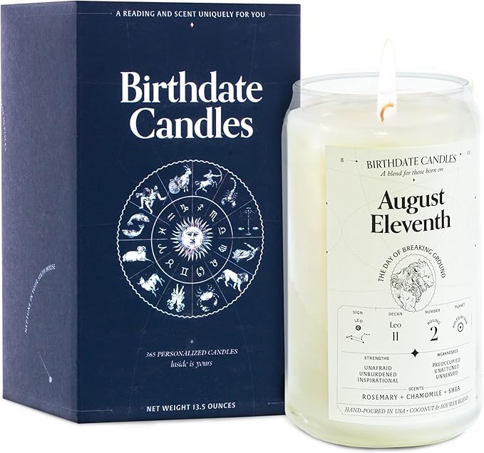 Birthdate Candles, August 11 - Leo Zodiac Scented Candles Birthday Gift - Rosemary, Chamomile & Shea Scent - All-Natural Soy & Coconut Wax, 60-80 Hour Burn Time - Made in USA