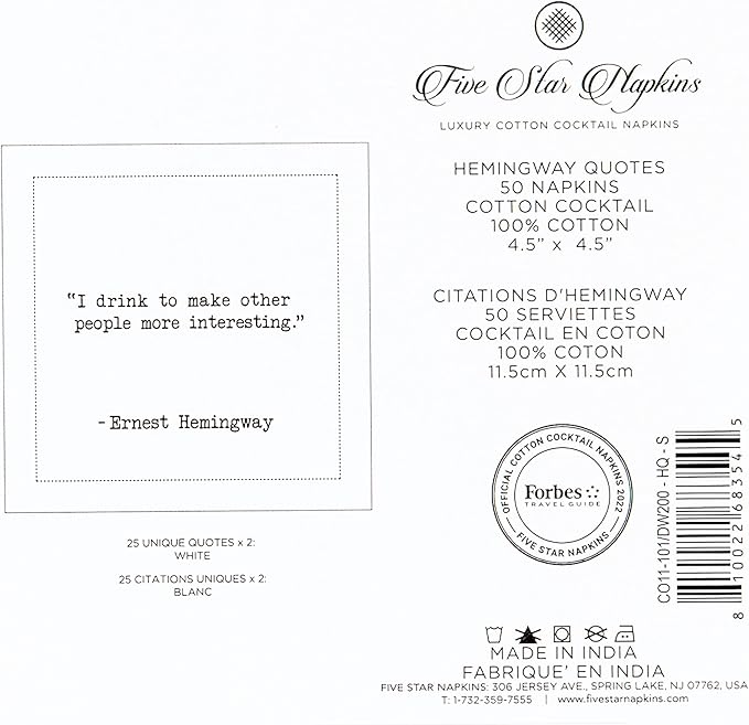 Five Star Hemingway Quotes | White Cotton Cocktail Napkins | 50 Luxury Disposable Beverage Napkins with Witty Bar Quotes | Drink Napkins for Parties, Bars, Weddings & Game Nights