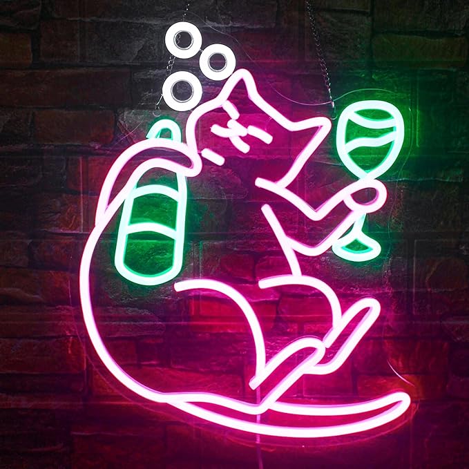 NOSUN Cat Beer Neon Sign Funny Bar Neon Signs for Wall Decor with Dimmable Cat Beer Led Sign Pink Animal Bar Light Up Signs for Bedroom Men Cave Home Birthday Party Home Decor