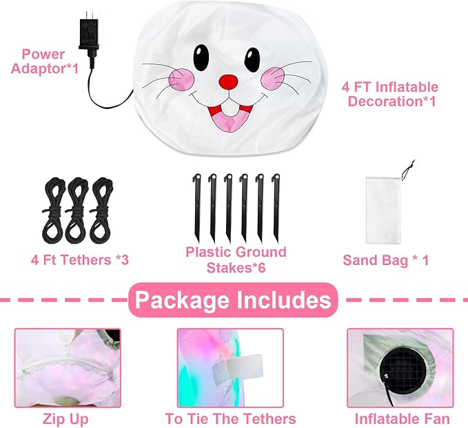 TURNMEON 4FT Rotating Colorful LED Easter Inflatable Bunny Blow up Yard Decorations with Built-in Fan, Waterproof Outdoor Indoor Easter Decor for Garden, Lawn Party, Includes Ground Stakes & Sandbags