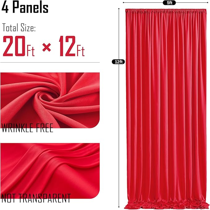 gogoparti 20x12ft Red Backdrop Curtain for Wedding Parties, 4 Panels (5x12 ft Each) Wrinkle-Free Dackdrop Curtains, Silky Draping Fabric for Birthday Party, Baby Shower, Photo Background
