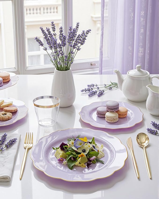 bUCLA 180PCS Purple Plastic Plates - Disposable Purple with Gold Rim, Include 30 Each (Dinner & Salad) Plates, 30 Knives, 30 Forks, 30 Spoons, 30Cups for Party & Birthday