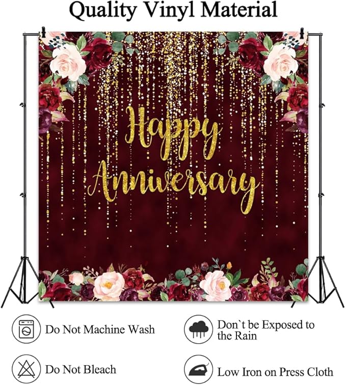 8x8ft Happy Anniversary Backdrop, Gold Glitter Burgundy Wedding Anniversary Photography Background 1st 40th 50th 65th Couple Wedding Women Birthday Floral Party Decorations Cake Table Decor
