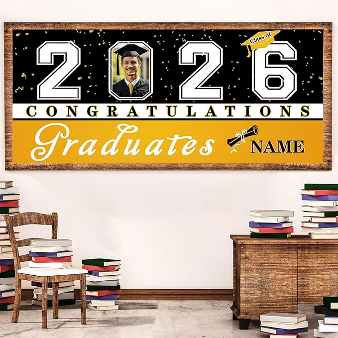 Custom Photo Graduation Garage Door Banner Personalized 2026 Grad Banner 7x16ft Porch Door Sign Decoration Outdoor Photo Booth Backdrop Party Supplies(Yellow)