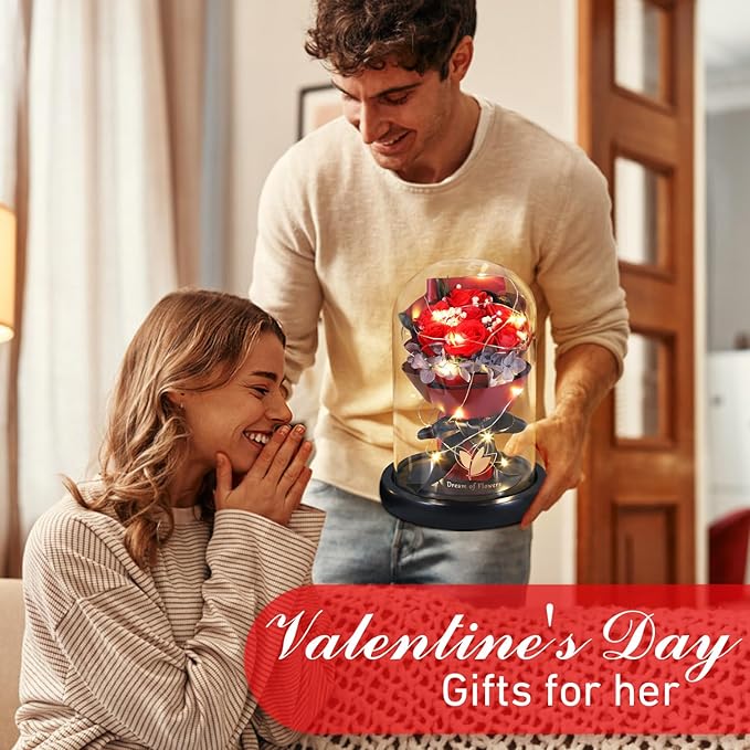 Valentines Day Gifts for Her,Birthday Gifts for Women,Beauty and the Beast Rose in Glass Dome with 2 Light Modes,Enchanted rose Flower Roses Bouquets Valentines Gifts for Daughter Mom Wife Girlfriend