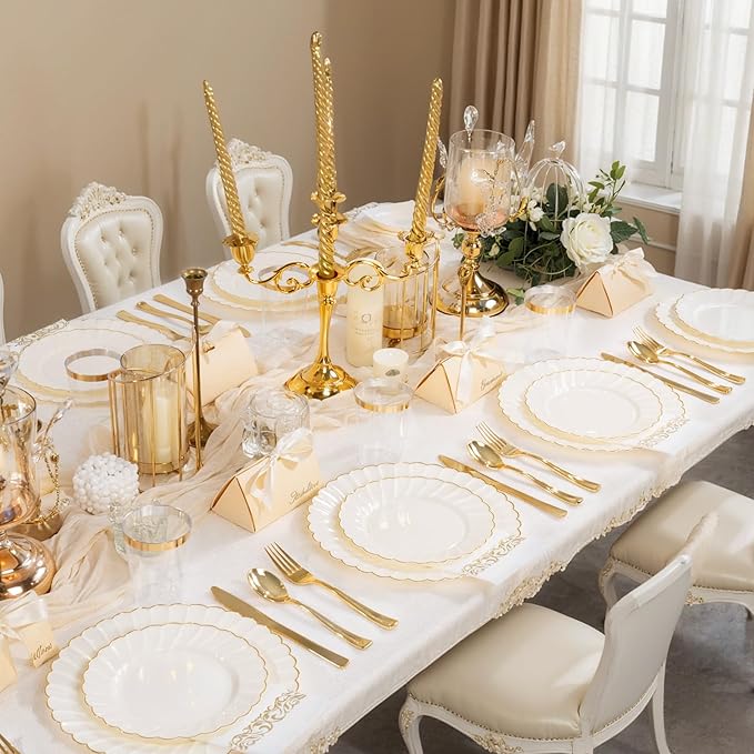 YOUBET 175PCS Ivory Scalloped Plastic Plates - Gold Disposable Dinnerware Set Include 50 Plates, 75 Gold Silverware, 25 Cups, 25 Napkins for Party & Wedding