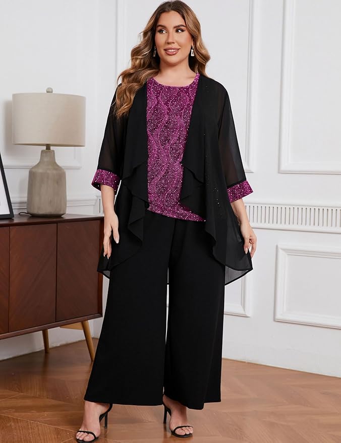 ZOMVA Plus Size 3 Piece Formal Pantsuit Sparkly Chiffon Jacket Set Dressy Outfit Mother of The Bride Groom Wedding Cocktail
