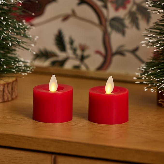 Luminara 2-Pack Moving Flame LED Flameless Tealight (2" x 2") Battery Operated Plastic LED Flameless Tea Light (Holiday Red)