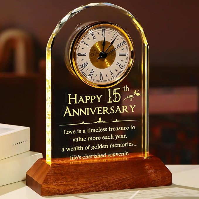 YWHL 15th Wedding Anniversary Clock Gifts for Couples, Happy 15 Years Anniversary Glass Gift for Her Him, Table Clock Presents with Wooden Light Base for Home Party (Battery not Included)