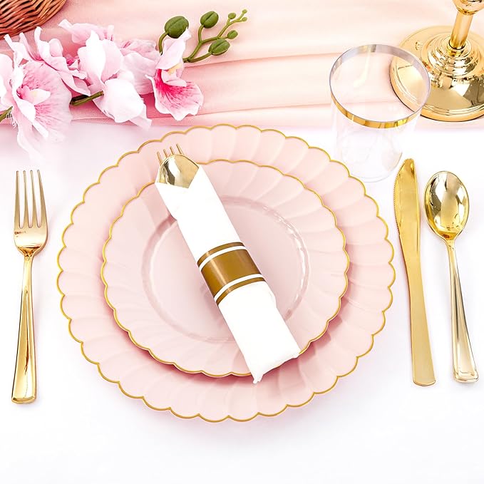 YOUBET 350PCS Pink Scalloped Plastic Plates - Pink and Gold Disposable Dinnerware Set Include 100 Plates, 150 Gold Silverware, 50 Cups, 50 Napkins for Wedding & Party Valentines Day