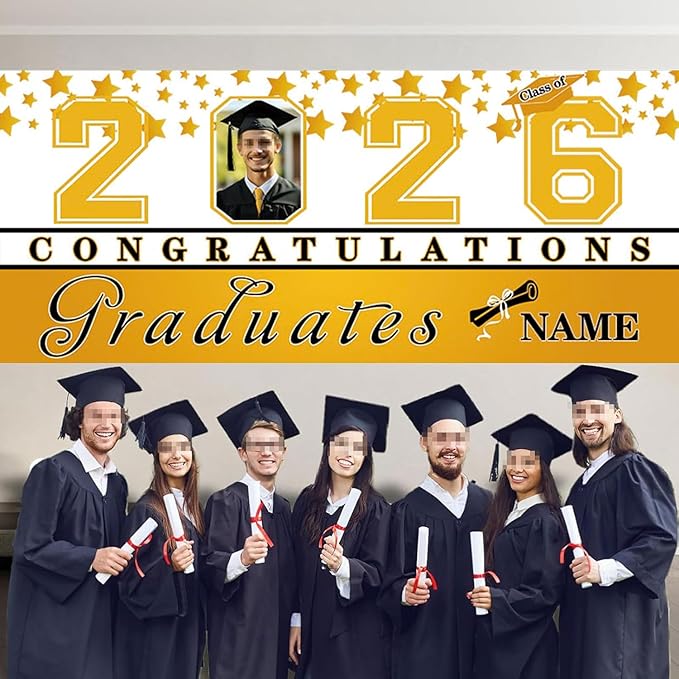 Custom Photo Graduation Garage Door Banner Personalized 2026 Grad Banner 7x16ft Porch Door Sign Decoration Outdoor Photo Booth Backdrop Party Supplies(Yellow and White)