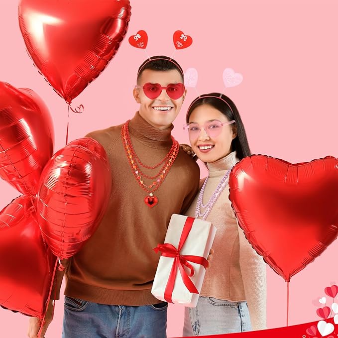 Kanayu 108 Pcs Valentines Day Accessories 36 Valentines Heart Headbands 36 Heart Shaped Sunglasses 36 Bead Necklaces for Valentine Party Favors Supplies Bachelorette Decorations(Red Pink)