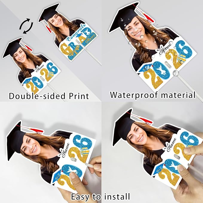Personalized Graduation Face Fan 2026 Grade Custom Double Sided Face Cutout Fan with Handle Photo Booth Prop Party Supplies(B-Sky Blue and Gold,12pcs)