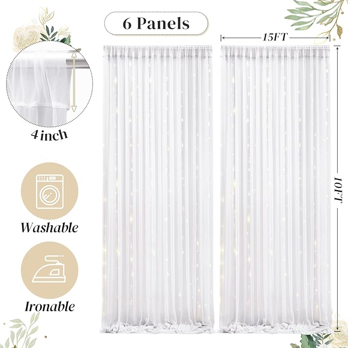 30ft x 10ft White Backdrop Curtain with Lights for Parties, Sheer Wedding Photo Backgrounds Tulle Drapes for Baby Shower Birthday Party Decorations Backdrop for Photography