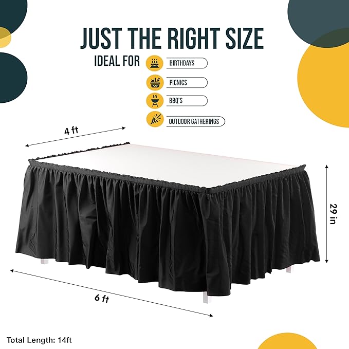 Exquisite Ruffle Table Skirt Black 48 Pack 14 Ft Long Table Skirts for Rectangle Tables 6ft Plus or Round Tables Skirts with Adhesive Strip for Gender Reveal Decor & Happy Birthday Parties