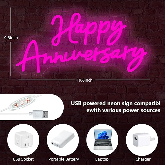Happy Anniversary Led Neon Sign For Wedding Backdrop 19.6"X 9.8" Neon Lights for Bedroom,Living,Home Bar Valentine'S Day Wife Husband Parents Anniversary Decor (pink)