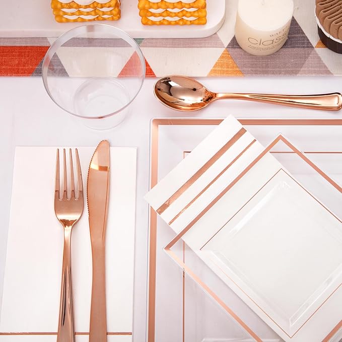 Festiva 350Pcs Rose Gold Plastic Plates - Clear Rose Gold Disposable Dinnerware Sets for 50Guests include 100 Plates 50 Cups 50Plastic Cutlery 50Napkins for Party&Wedding& Valentine's Day