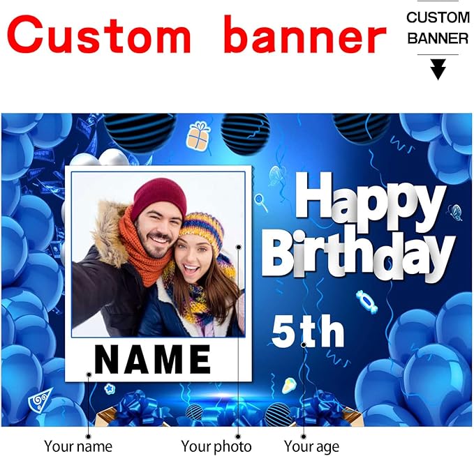 Custom Navy Blue and Gold Happy Birthday Sign Birthday Party Decorations Supplies Personalized Navy Blue Backdrop Banner (5x7.5ft)