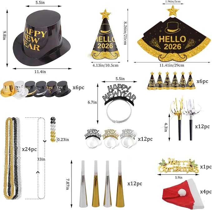 2026 New Year Decorations Set for 24 Guests - Hats, Headbands, Conical Hats, Beaded Necklaces, Noise Makers