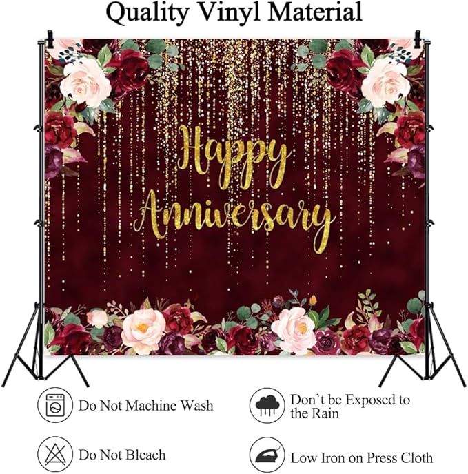 Happy Anniversary Decorations Backdrop Happy Anniversary Banner 10x8ft Gold Burgundy Wedding Commemorative Day Photography Background Couple Party Supplies Cake Table Decor