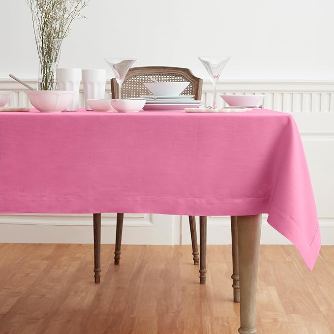 Solino Home Linen Tablecloth for Rectangle Tables 60 x 90 Inch - 100% Pure Linen Flamingo Pink Table Cloth - Fete, Machine Washable Cloth Tablecloth for Valentines, Spring, Easter