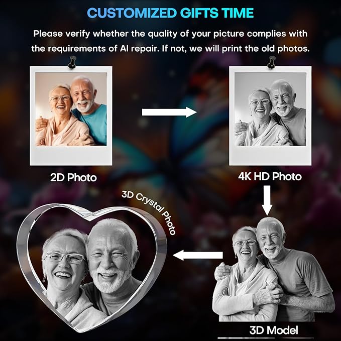 Custom 3D Crystal Photo Heart Medium – Premium: Multicolor LED Base, Gift Wrap & 3D Card; Ready to Gift for Couples