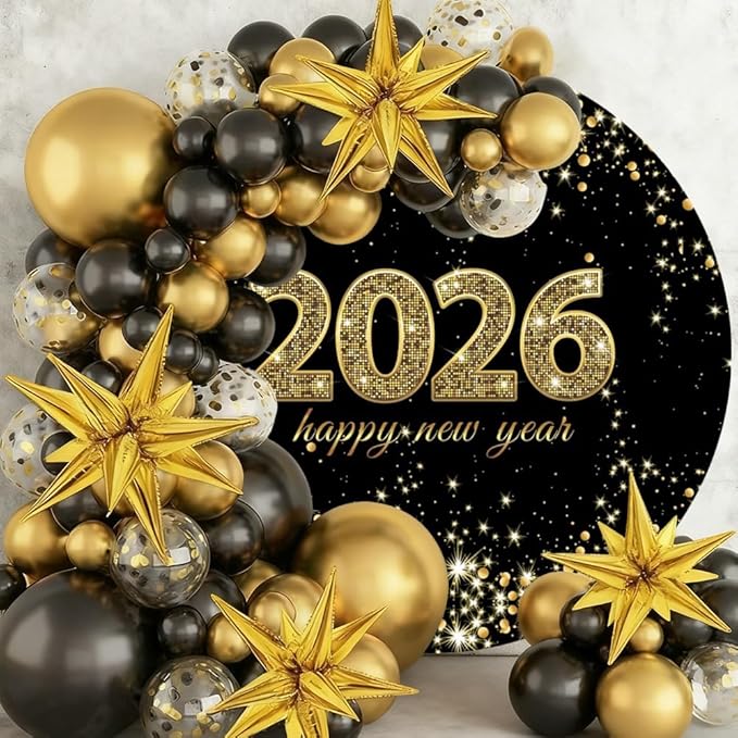 YongFoto 2026 Happy New Year Round Backdrop Cover 6.5ft Gold Black Photography Background Merry Christmas Xmas Eve New Year's Night Festival Carnival Family Celebration Party Banquet Decor Banner
