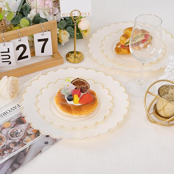 supernal 100pcs Ivory Plastic Plates,Gold Scalloped Disposable Plates,Heavy Duty Plastic Plate Including 50pcs Ivory Dinner & Dessert Plate,Fancy Disposable Platos Perfect for Party,Wedding,Birthday