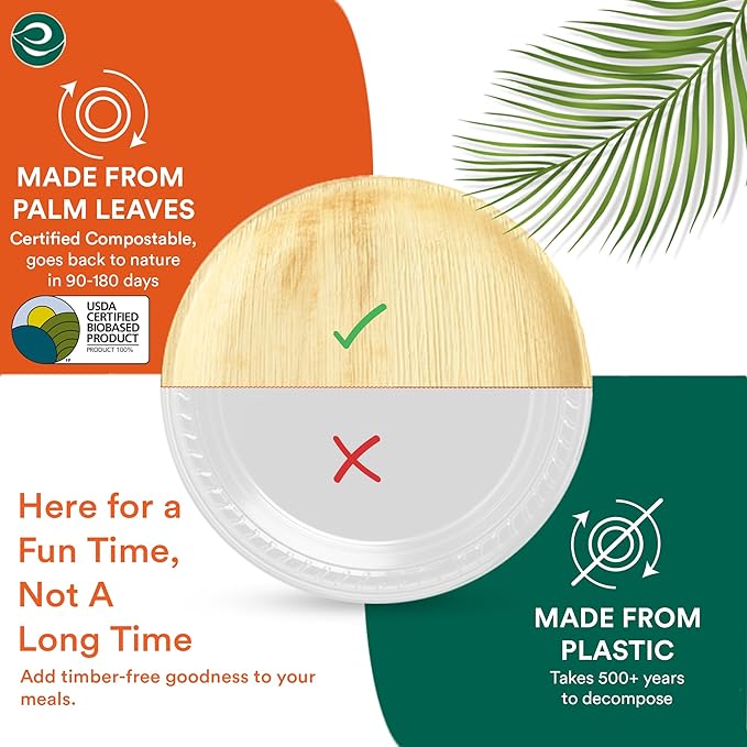 ECO SOUL Palm Leaf Disposable Bamboo Plates 10" Round Compostable & Biodegradable Party Plates for Dinner, Weddings, Parties & Events 200 Count