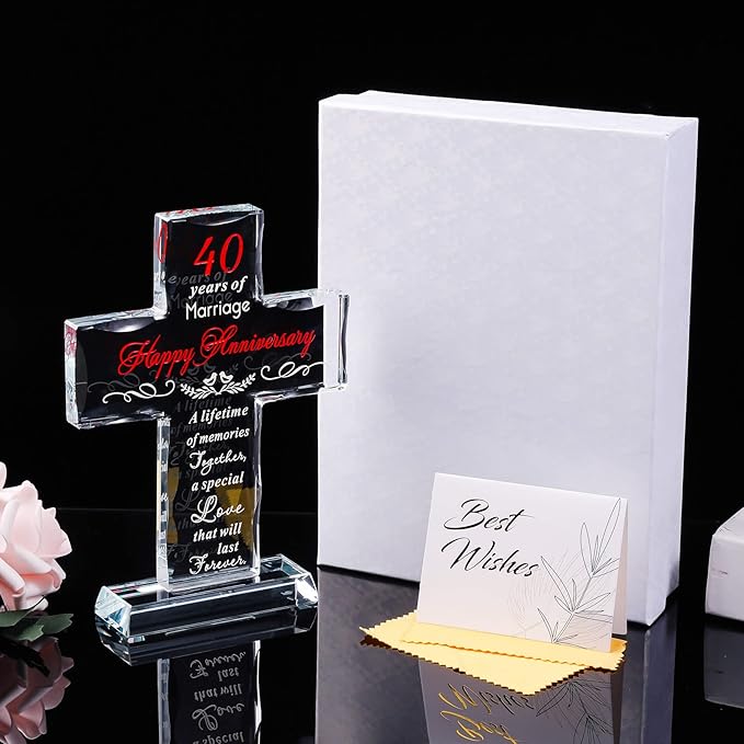 YWHL 40th Wedding Anniversary Cross Gifts for Parents, 40 Years of Marriage Glass Standing Cross Keepsake for Couple, 40 Years Aniversary Decorations for Home Party